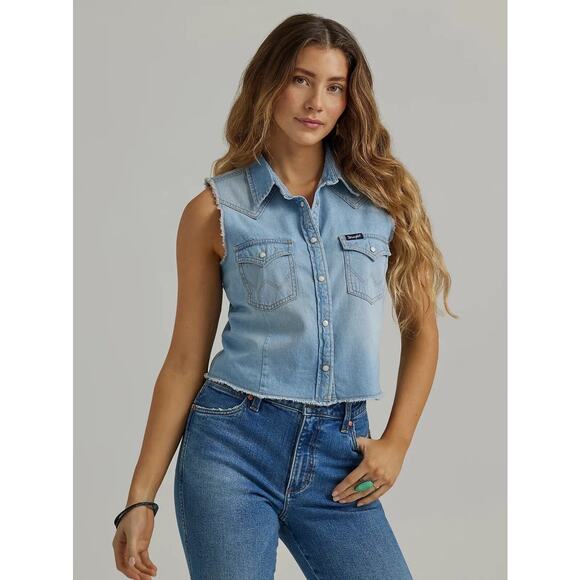 Wrangler Retro Raw Hem Denim Sleeveless Shirt Vest Blue Western Snap Top XXL - Picture 1 of 11